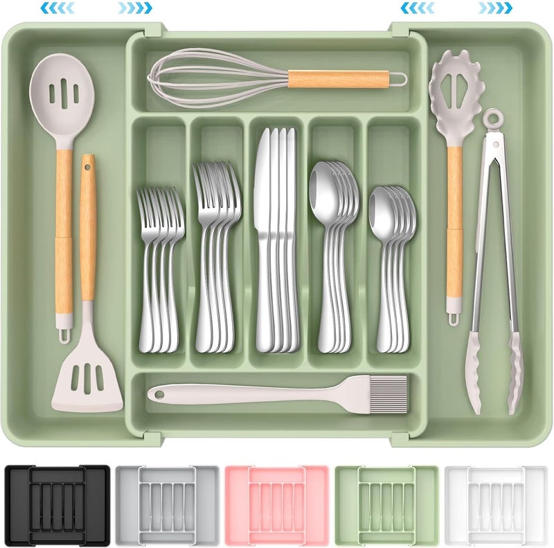 ukeetap Extra Large Expandable Silverware Organizer, BPA-Free Food-Safe Cutlery Flatware Organizer, Kitchen Utensil Drawer Organizer, Adjustable Silverware Holder for Spoons Forks Knives, Green - Image 1
